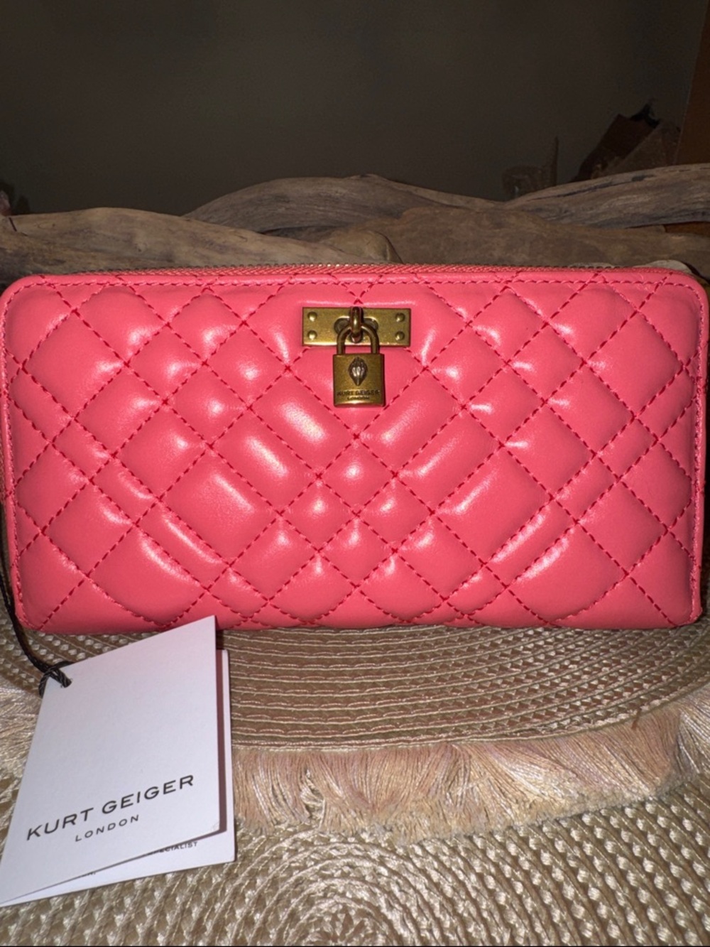 Kurt Geiger Quilted Brixton Coral Pink Zip Wallet with Padlock